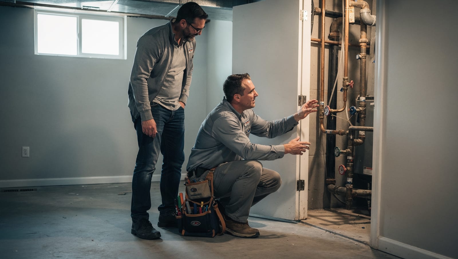 A plumber crouched beside an open utility closet explaining a repair to a homeowner