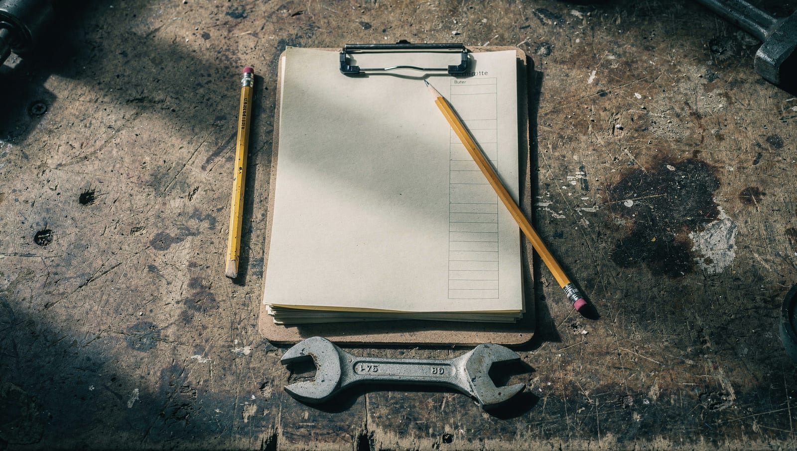 A plumber's estimate clipboard and wrench on a workbench