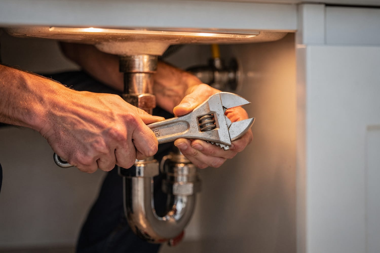A Balkan Plumbing technician tightening a pipe fitting under a kitchen sink