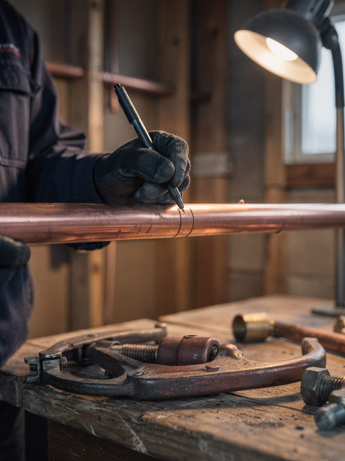 A plumber marking a scored guide-line on copper pipe before cutting it