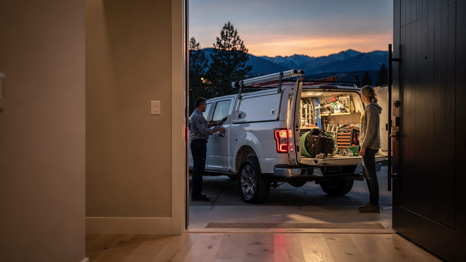 A Balkan Plumbing technician at a service truck in a Littleton driveway at dusk, mountains in the distance